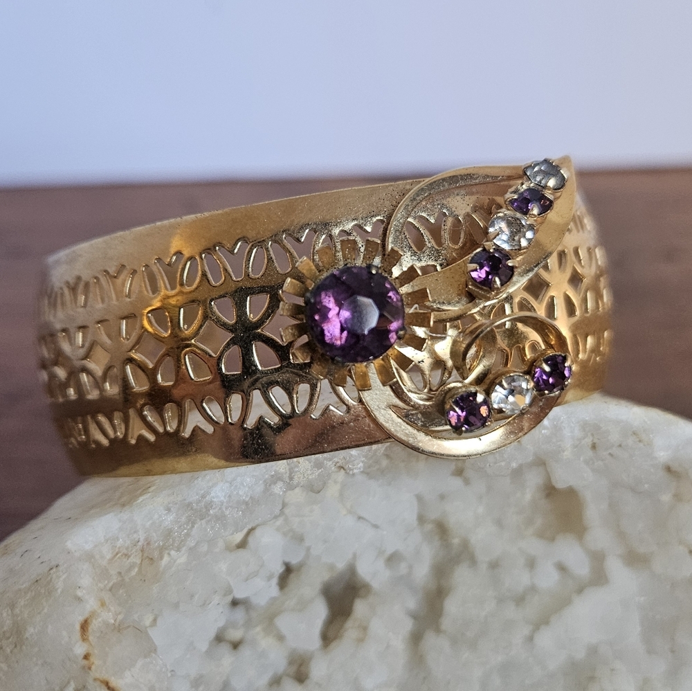 Elegant Gold-tone and Purple Rhinestone Cuff Bracelet